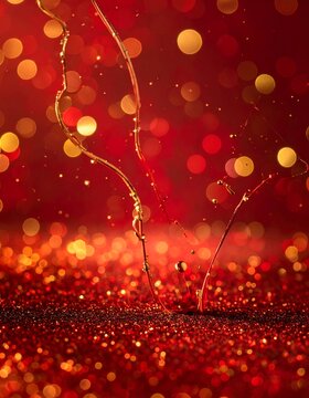 A dark red background with bokeh lights and water droplets falling