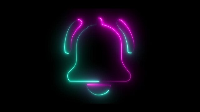 Glowing neon notification bell icon animated on a black background. bell tone music ring animated sign symbol .4k Animation. Abstract glowing neon line Notification bell icon with mark icon 4K video.
