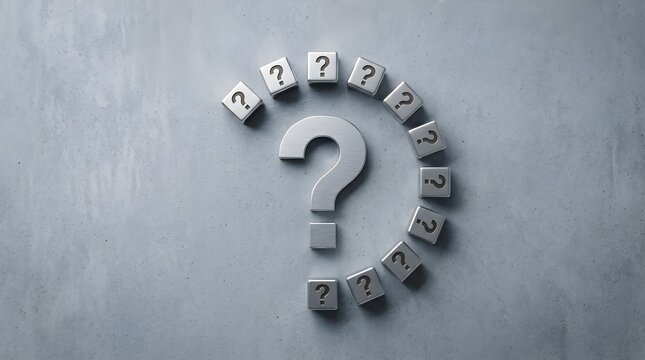 Question mark symbol surrounded by metallic cubes on a textured grey background representing uncertainty and complex problem solving concepts