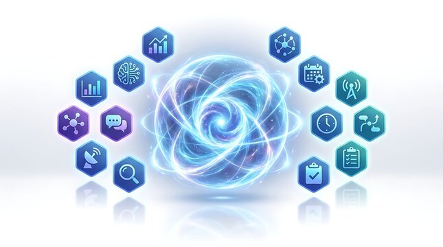 Data analytics and artificial intelligence convergence futuristic digital transformation concept with iconography