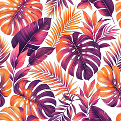 Vibrant tropical leaves seamless pattern background with monstera, palm fronds, and colorful foliage in sunset orange, purple, and pink colors on white background. Generative AI. © Lin