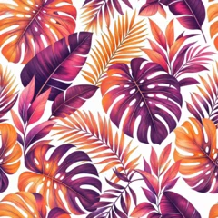Vibrant tropical leaves seamless pattern background with monstera, palm fronds, and colorful foliage in sunset orange, purple, and pink colors on white background. Generative AI. © Lin