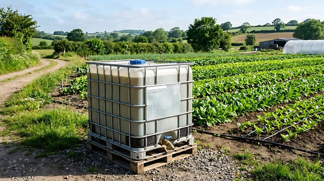 Large plastic water tank container on a wooden pallet in a green vegetable farm field. ibc container