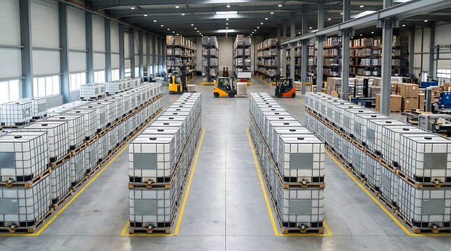 Large warehouse interior with rows of industrial storage containers and forklifts. ibc container