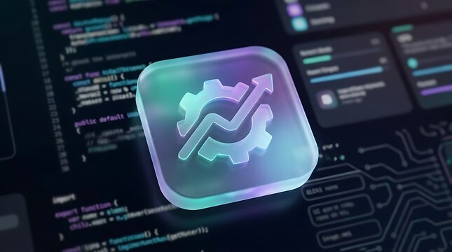 Glowingly illuminated software development icon with code and circuit board background