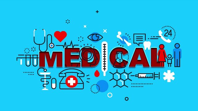 Medical healthcare concept animation featuring red typography text with clinical outline icons on a blue background.