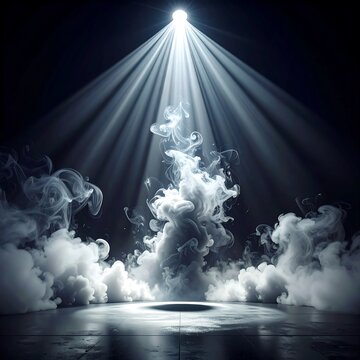 A dark room with a bright spotlight shining down through smoke