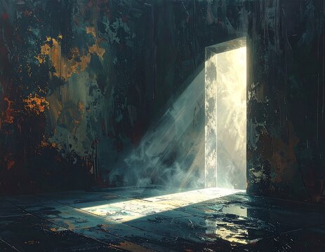 A dark room with a bright light shining through an open doorway