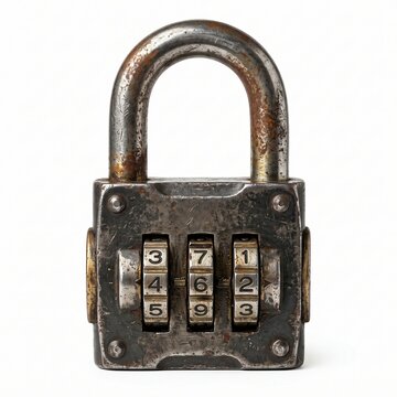 An old, rusty combination lock with worn dials. 
