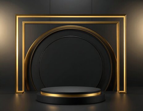 A dark room with a circular platform and gold accents