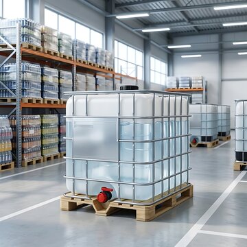 Large plastic water tank in a modern industrial warehouse with metal storage shelves. ibc container