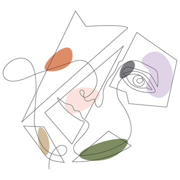 Continuous line art of abstract cubist face with geometric shapes.