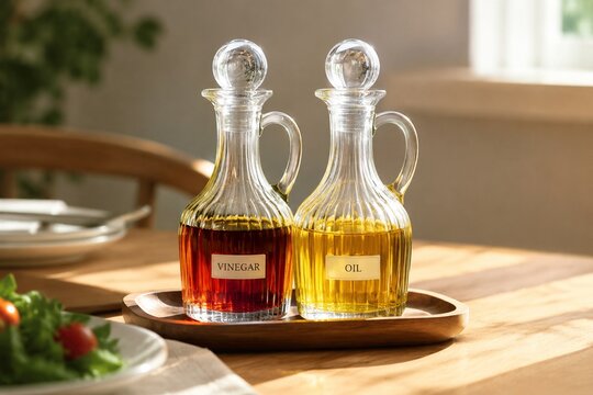 Elegant glass vinegar and oil bottles on a wooden tray, morning light reflecting.