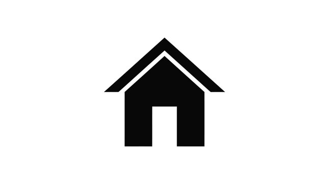 Home icon in flat black silhouette, simple house symbol with door and pitched roof, real estate and property vector illustration for website navigation and app interfaces, icon in a solid flat designs
