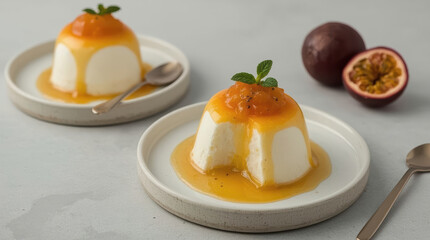 Obraz premium Fresh coconut panna cotta topped with passion fruit sauce and mint garnish, minimalist dessert