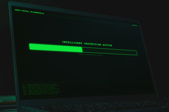Laptop screen displaying green intelligent protection active loading bar in darkness. Concept of cyber security deployment, system optimization, data firewall, and software installation.