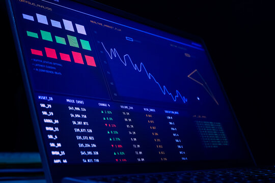 Laptop screen displaying financial portfolio analysis dashboard with stock market graphs. Concept of fintech investment, crypto asset trading, data analytics, and wealth management.