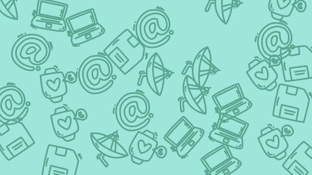 Suitable for technologyrelated projects, this background features various digital tech icons like laptops, smart watches, floppy disks, and email symbols.