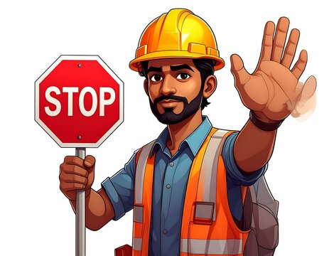 A construction worker in a yellow hard hat and orange safety vest holds up a red octagonal stop sign with one hand and signals with the other