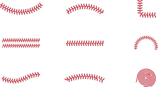 PrintRed Baseball Lacing and Softball Stitching Vector Brushes Set with Curved Straight and Spiral Seams for Sports Graphic Designs