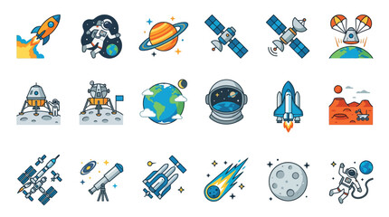 Collection of colorful cartoon icons representing space exploration and celestial bodies. © jaina