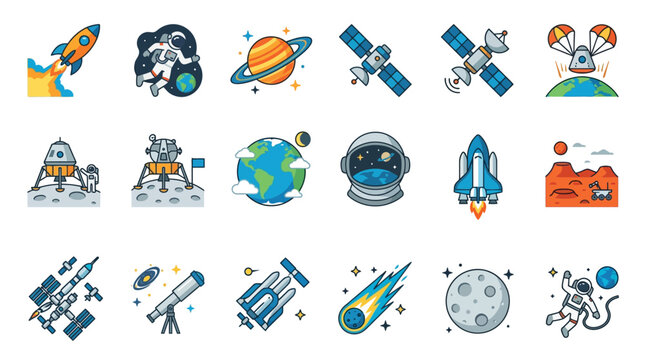 Collection of colorful cartoon icons representing space exploration and celestial bodies.