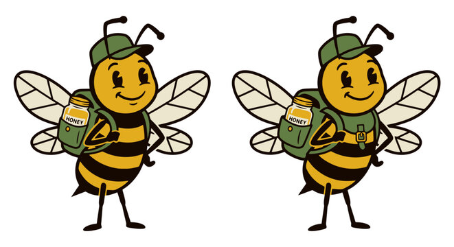 Two cute cartoon bees wearing backpacks and carrying jars of honey