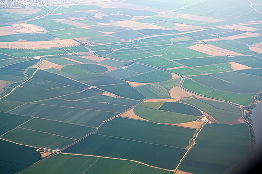 Aerial view of ebro river agricultural fields, selective focus