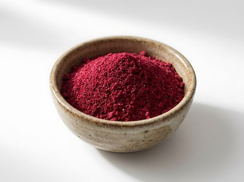 Deep red beetroot powder in a small ceramic bowl. Pomegranate powder