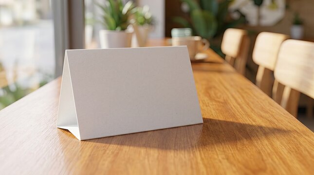 Blank table tent card mockup on a wooden table in a cafe or restaurant setting.