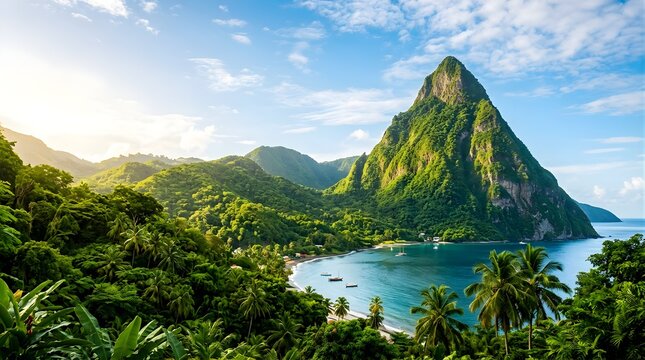 Scenic view of Pitons volcanic mountains and coastline in Saint Lucia