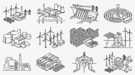 Obraz premium Corporate Set of Black and White Isometric Energy Production and Distribution Facilities with Wind Turbines Solar Panels Factories and Urban Buildings