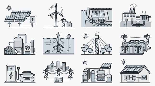 Corporate Set of 12 Modern Energy Sources and Sustainable Infrastructure Icons in Minimalist Black and White