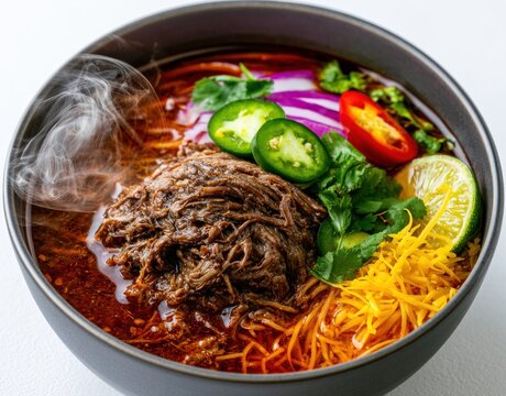 Mexican birria beef soup with steaming hot broth