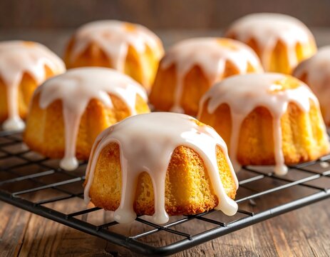 A cooling rack with several small, glazed cakes