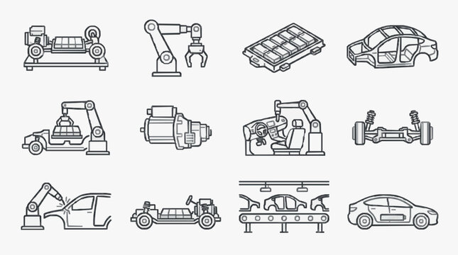Corporate of Automated Car Manufacturing Process with Monochromatic Line Art and Robotic Equipment