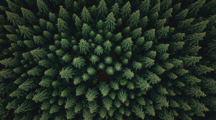Fototapeta premium Dense evergreen forest from drone top view with tranquil deep green canopy and soft light