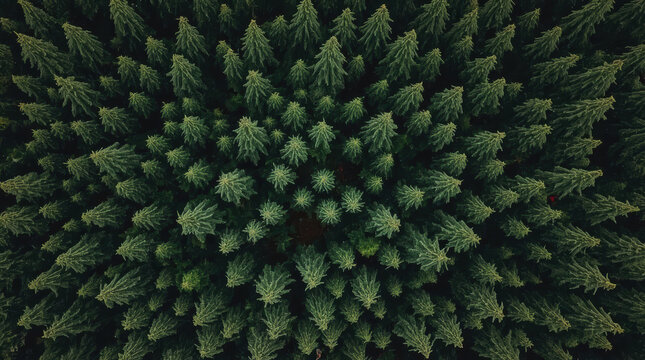 Dense evergreen forest from drone top view with tranquil deep green canopy and soft light