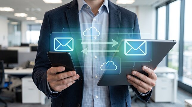 Businessman synchronizing email data between mobile devices using cloud computing technology in an office.