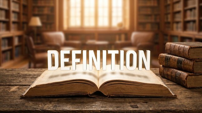 Definition word on an open old book in a blurred library. Concept of knowledge, education,