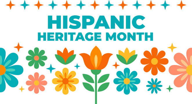 Hispanic heritage month typography design with colorful flowers and decorative stars elements