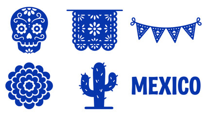 Set of blue mexico theme icons with sugar skull flower cactus and traditional party decorations © azad