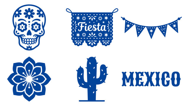 Set of blue mexican fiesta icons with sugar skull cactus flower and decorative bunting flags