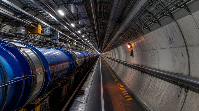 Firefly massive particle accelerator tunnel with blue accelerator modules and vanishing point perspective, dramatic topaz lighting and industrial