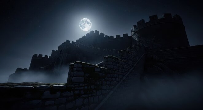 Ancient castle battlements under dramatic moonlight