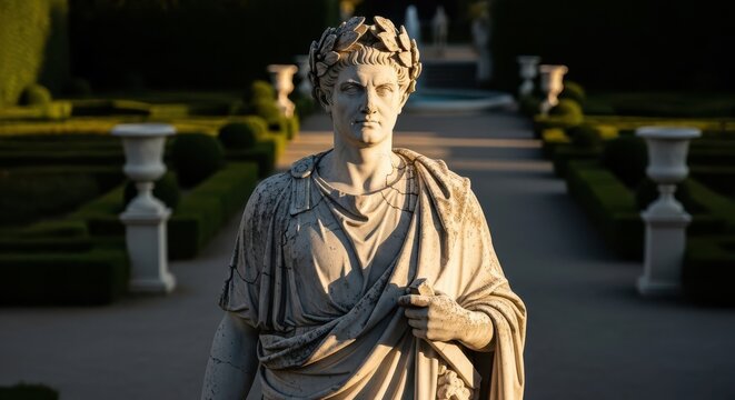 Marble Statue of a Roman Emperor in Formal Garden