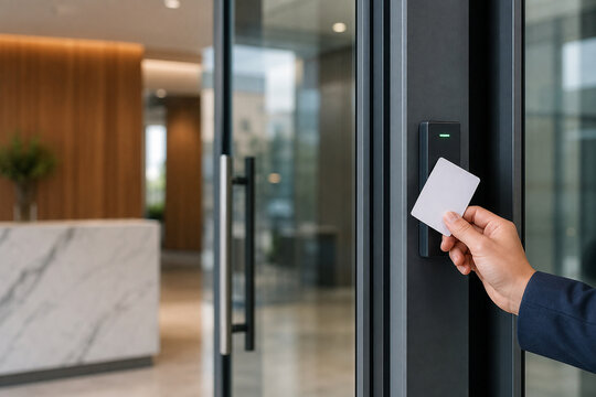 Hand holding a blank access card near an electronic reader at a sleek glass office entrance with blurred lobby interior.