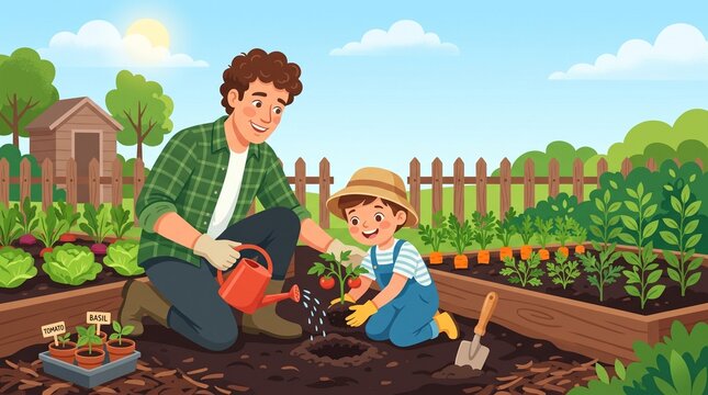 Father and son gardening together, family bonding and outdoor learning illustration