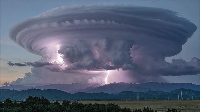 Terrifying meteorological hazard showing multiple purple lightning bolts striking inside a massive boiling supercell cloud at night.