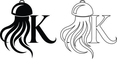 Letter k featuring a stylized jellyfish in solid black and outline styles © Rakibul